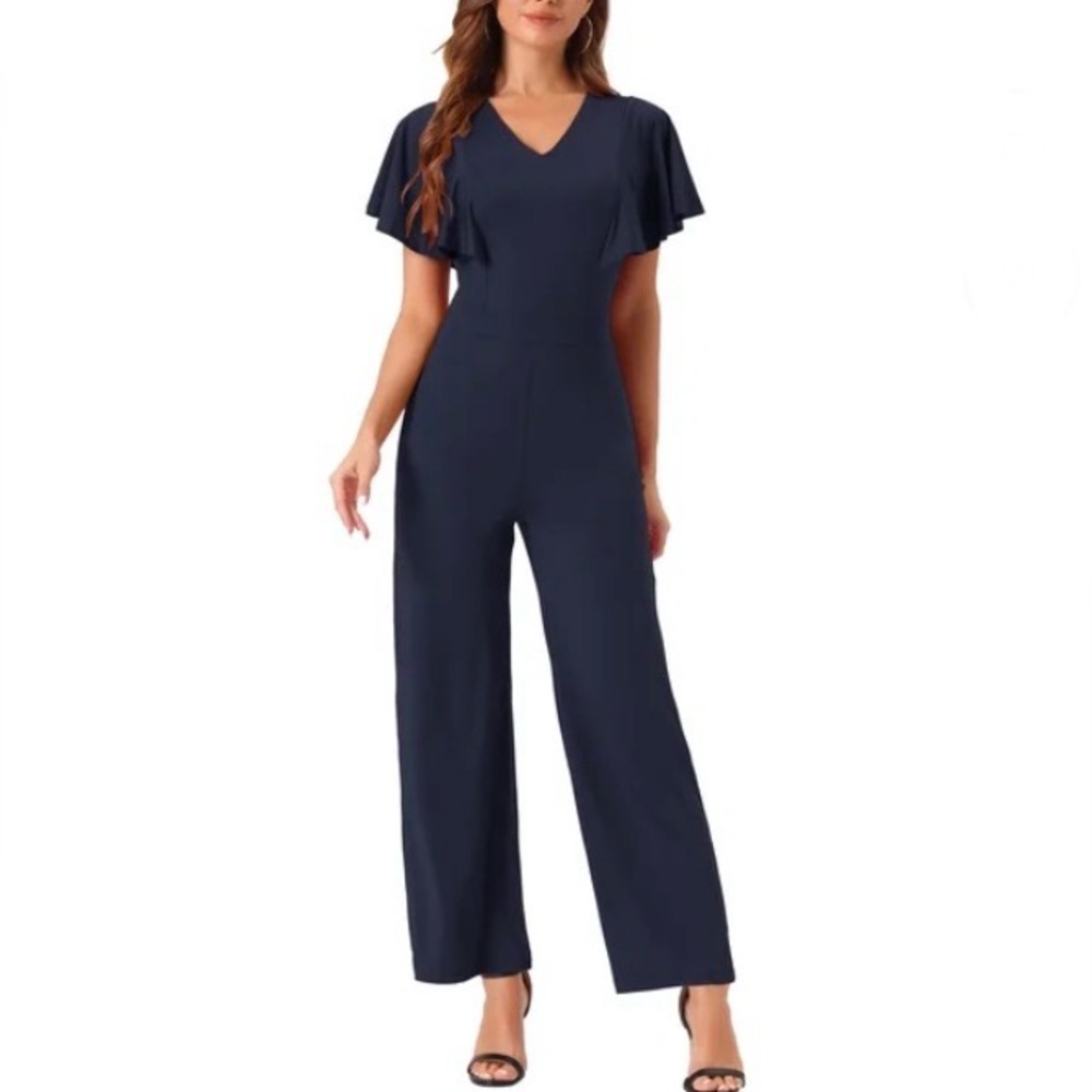 Women V Neck High Waist Ruflled Short Sleeve Casual Dressy Jumpsuits, Navy Blue